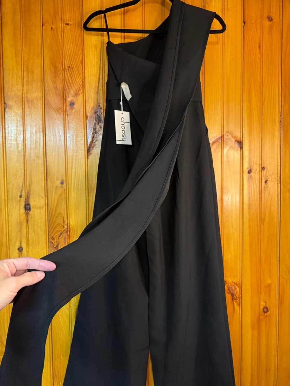 Choosy Elegent One-Shoulder Tie Wide-Leg Pant Jumpsuit with Belt,Black - Picture 11 of 11